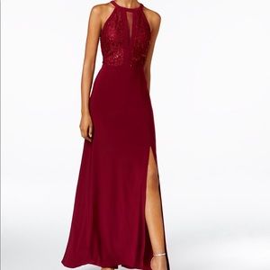 •Nightway Lace Halter Gown Merlot•
